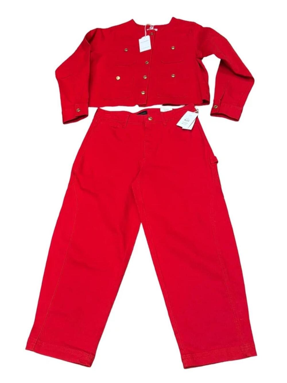 NWT Free Assembly Red Jean Jacket & Barrel leg Jeans Set Womens Gold buttons